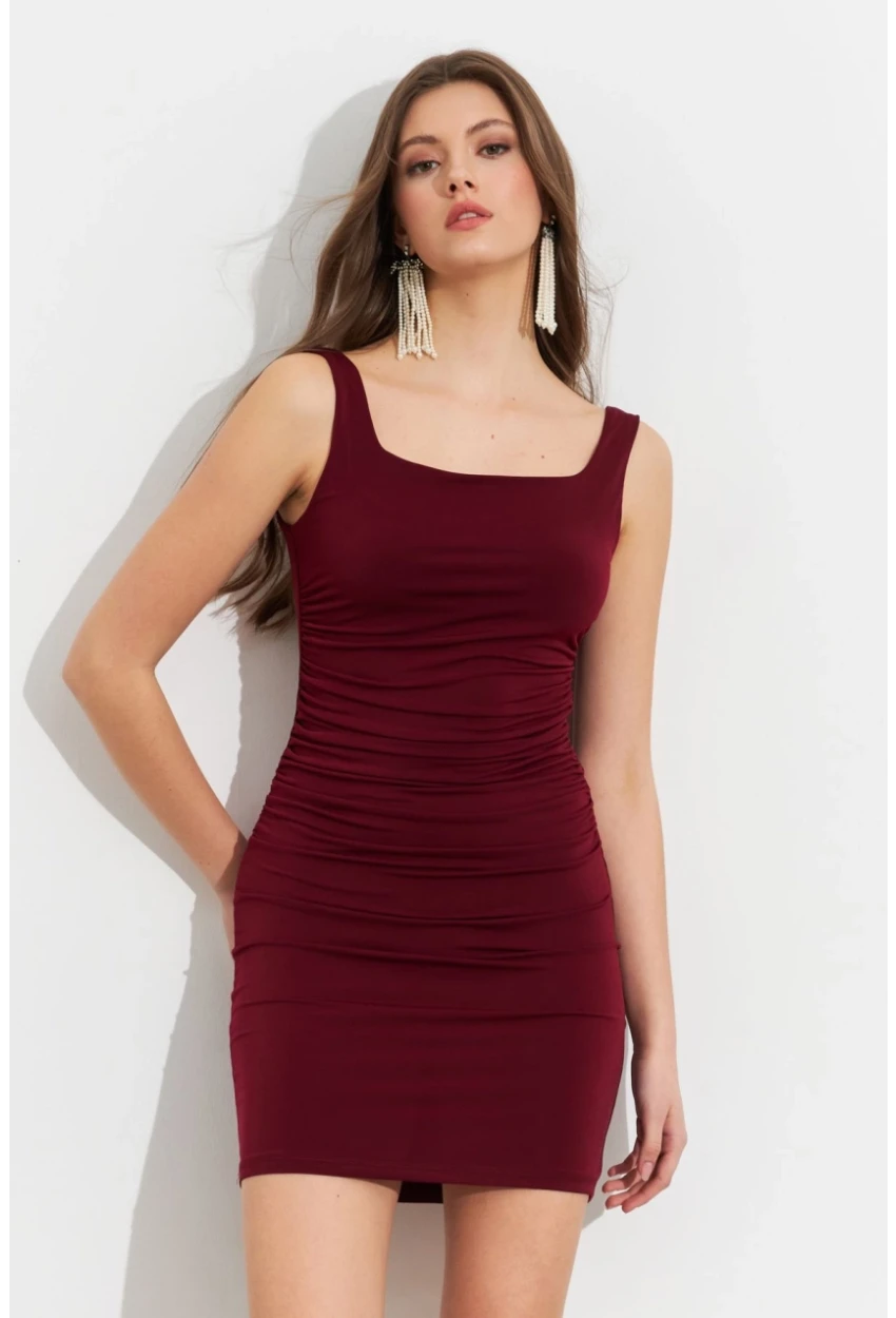Kadın Bordo Kare Yaka Büzgülü Mini Elbise FRY2308