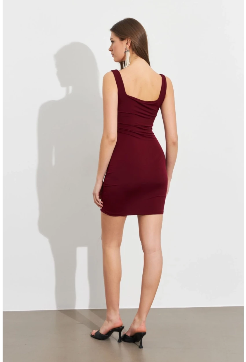 Kadın Bordo Kare Yaka Büzgülü Mini Elbise FRY2308
