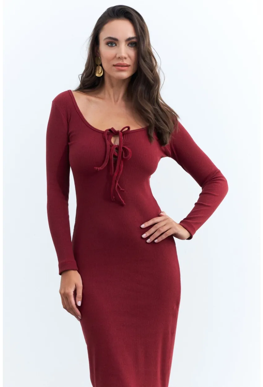 Kadın Bordo Kaşkorse Maxi Elbise EY1513