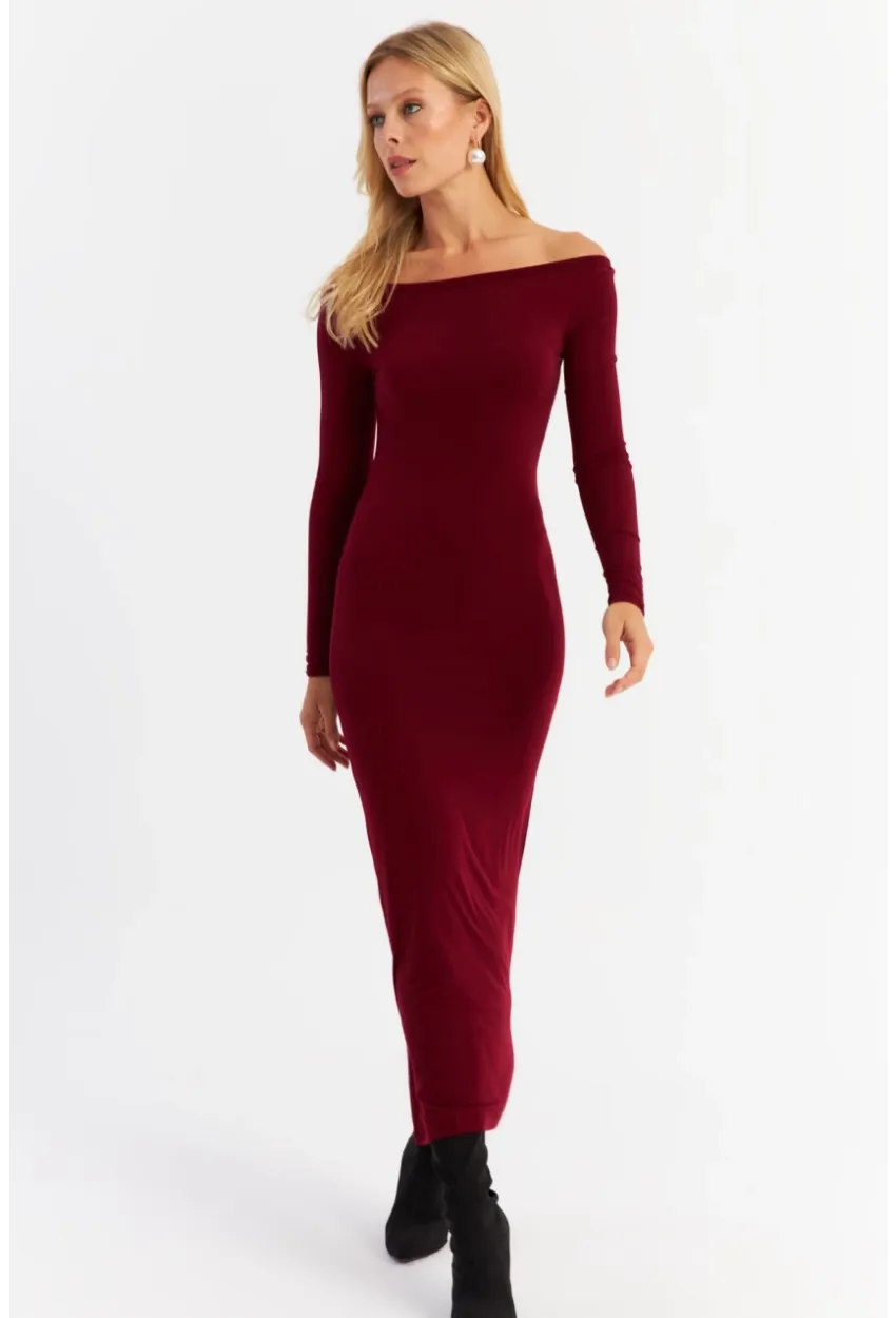 Kadın Bordo Kayık Yaka Maxi Yılbaşı Elbise HOR03