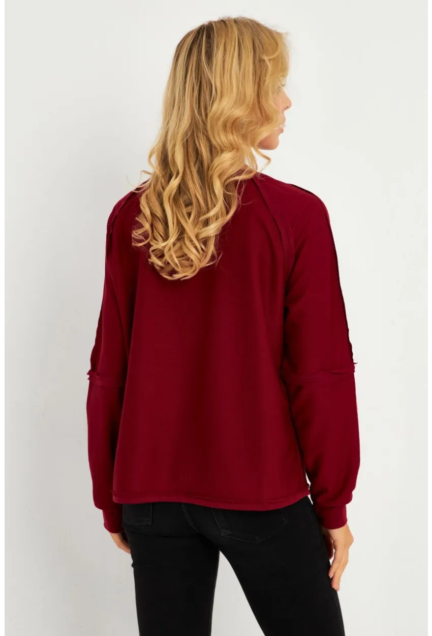 Kadın Bordo Kayık Yaka Ters Dikişli Sweatshirt TF10