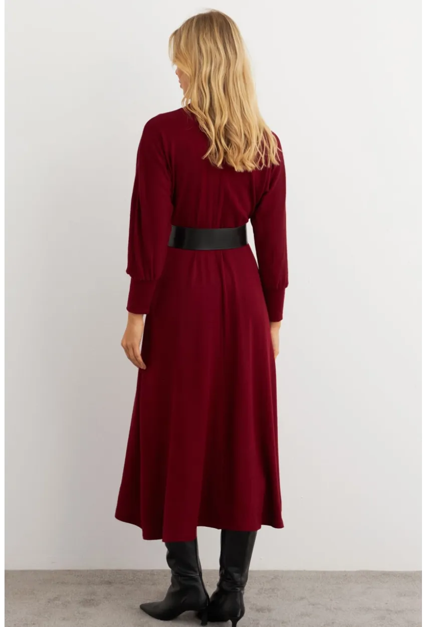 Kadın Bordo Kemerli Balıkçı Yaka Elbise MKSD992