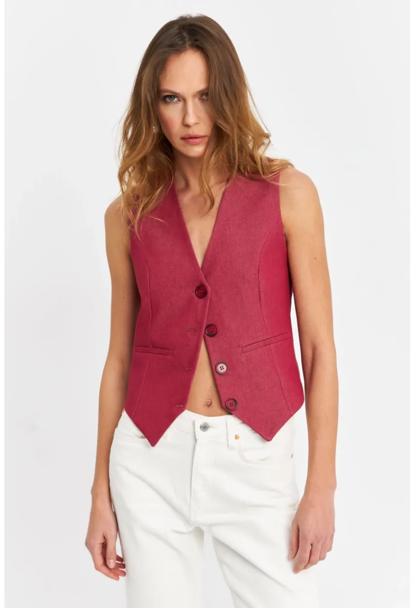 Kadın Bordo Keten Astarlı Yelek TW60046