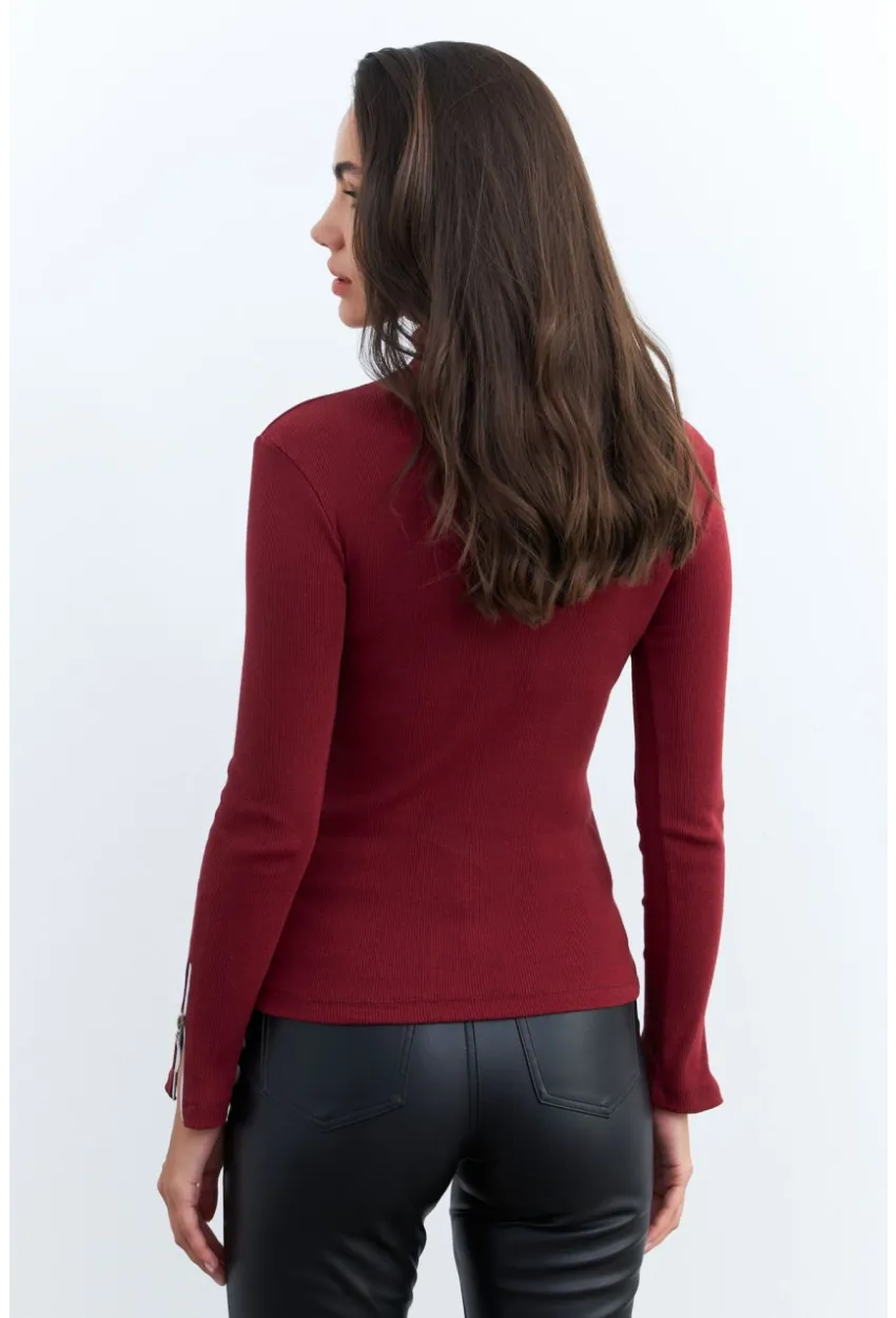 Kadın Bordo Kolları Fermuarlı Kaşkorse Balıkçı Bluz EY2567