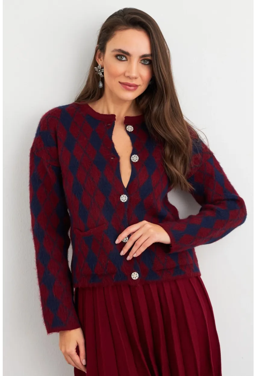 Kadın Bordo-Lacivert Düğme Detaylı Hırka ELT12022