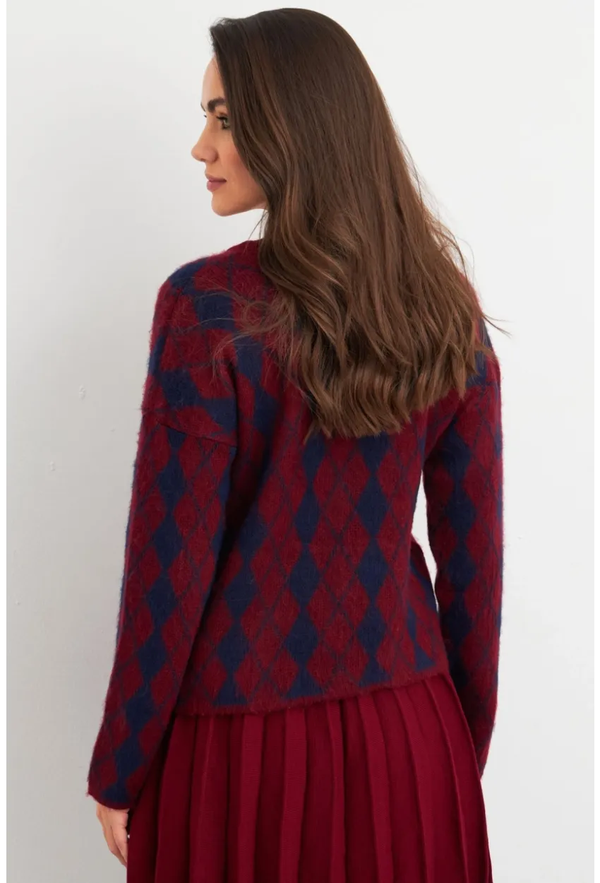 Kadın Bordo-Lacivert Düğme Detaylı Hırka ELT12022