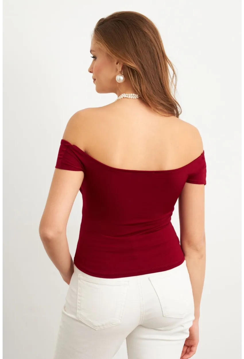 Kadın Bordo Madonna Yaka Crop Bluz VA101