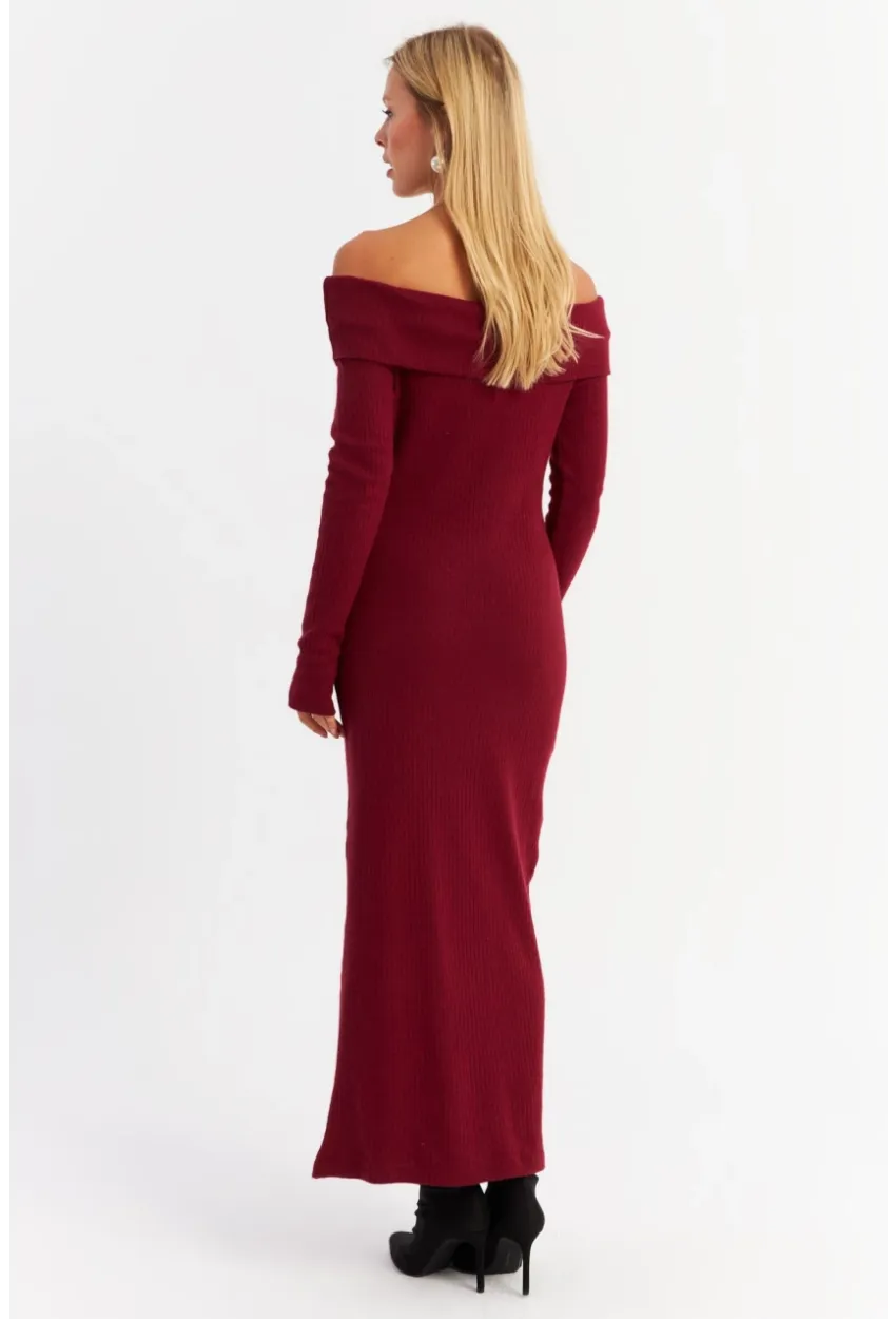 Kadın Bordo Madonna Yaka Kaşkorse Maxi Elbise HOL1