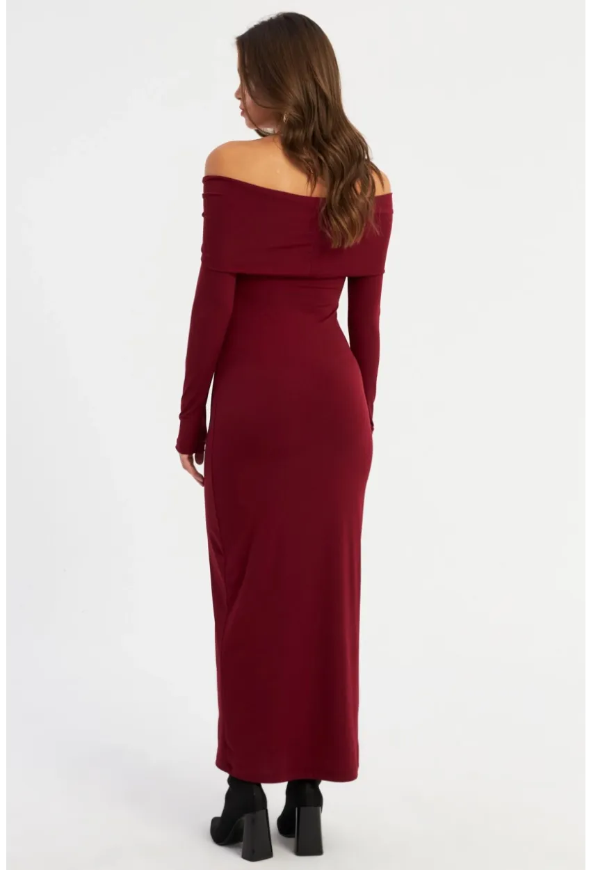 Kadın Bordo Madonna Yaka Maxi Elbise LİK10