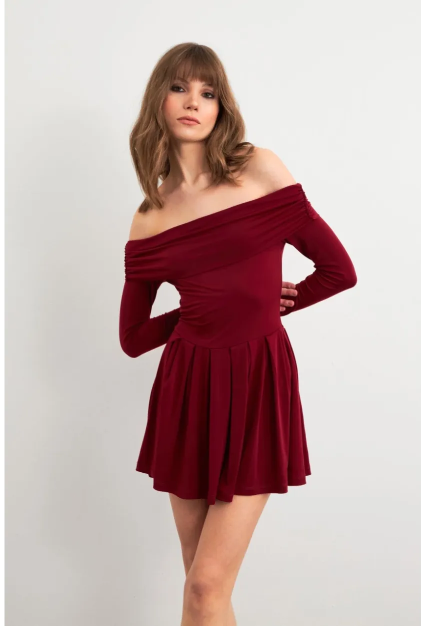 Kadın Bordo Madonna Yaka Midi Elbise MON1262