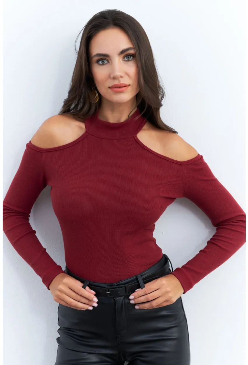 Kadın Bordo Omuzları Açık Kaşkorse Bluz EY2590