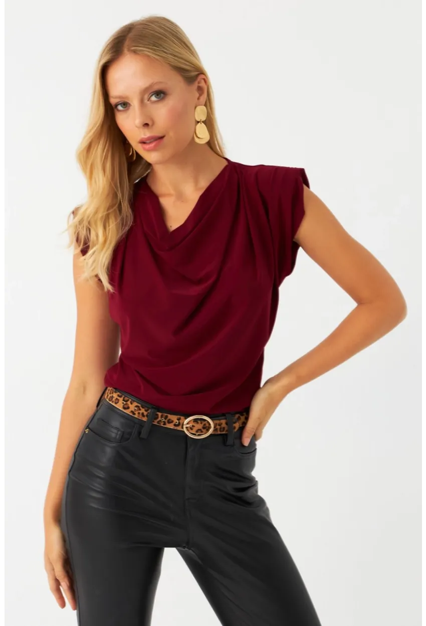 Kadın Bordo Omuzları Vatkalı Degaje Bluz ELT3234