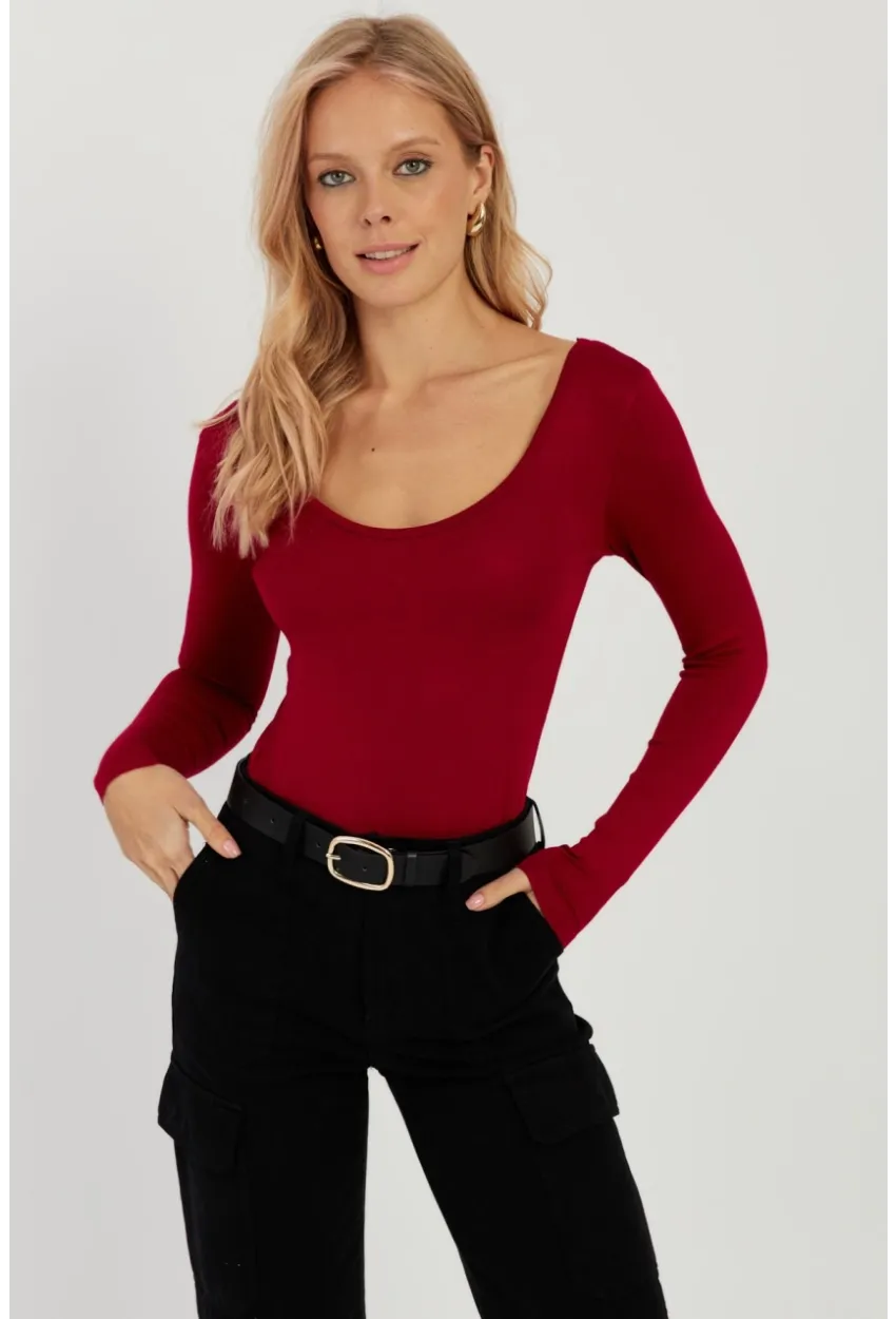 Kadın Bordo Ön Arka U Yaka Bluz LPP1265