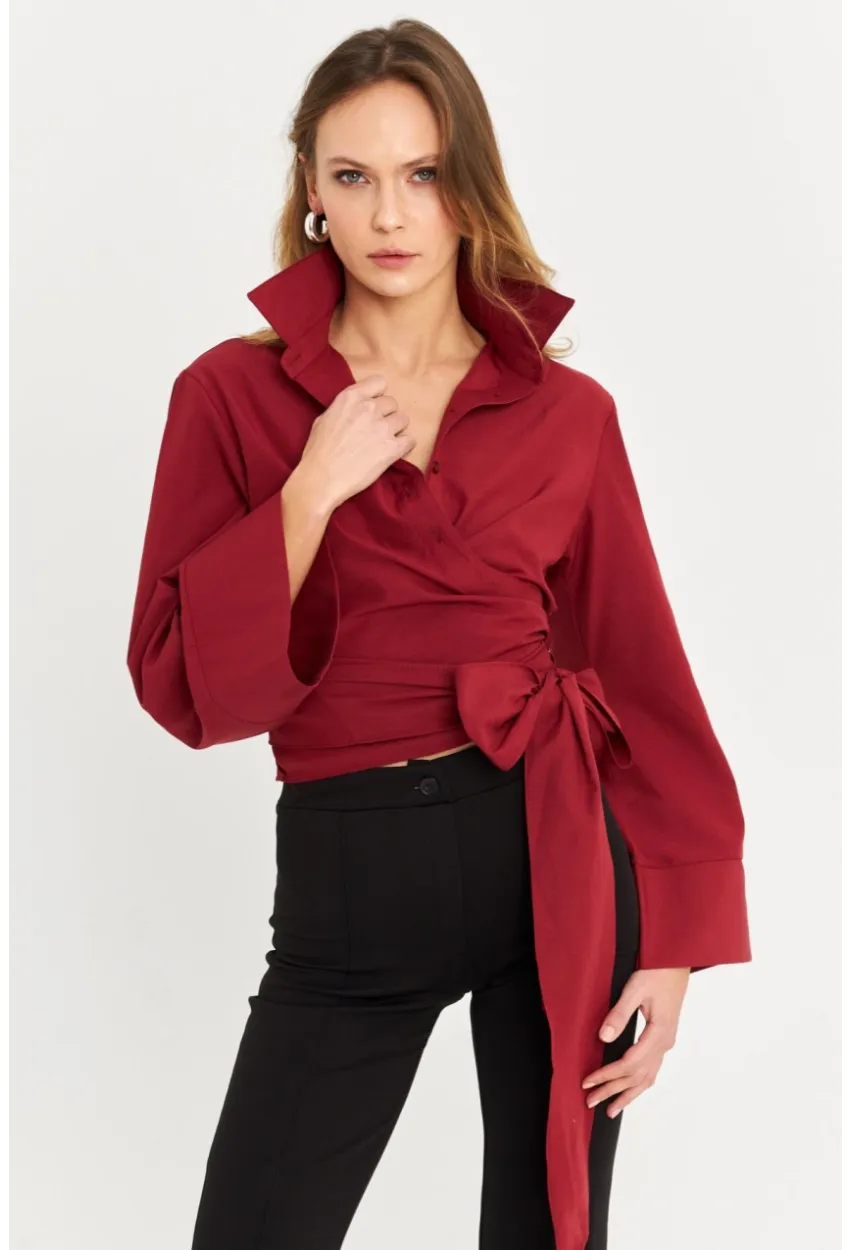 Kadın Bordo Önü Bağlamalı İspanyol Kol Gömlek MON142