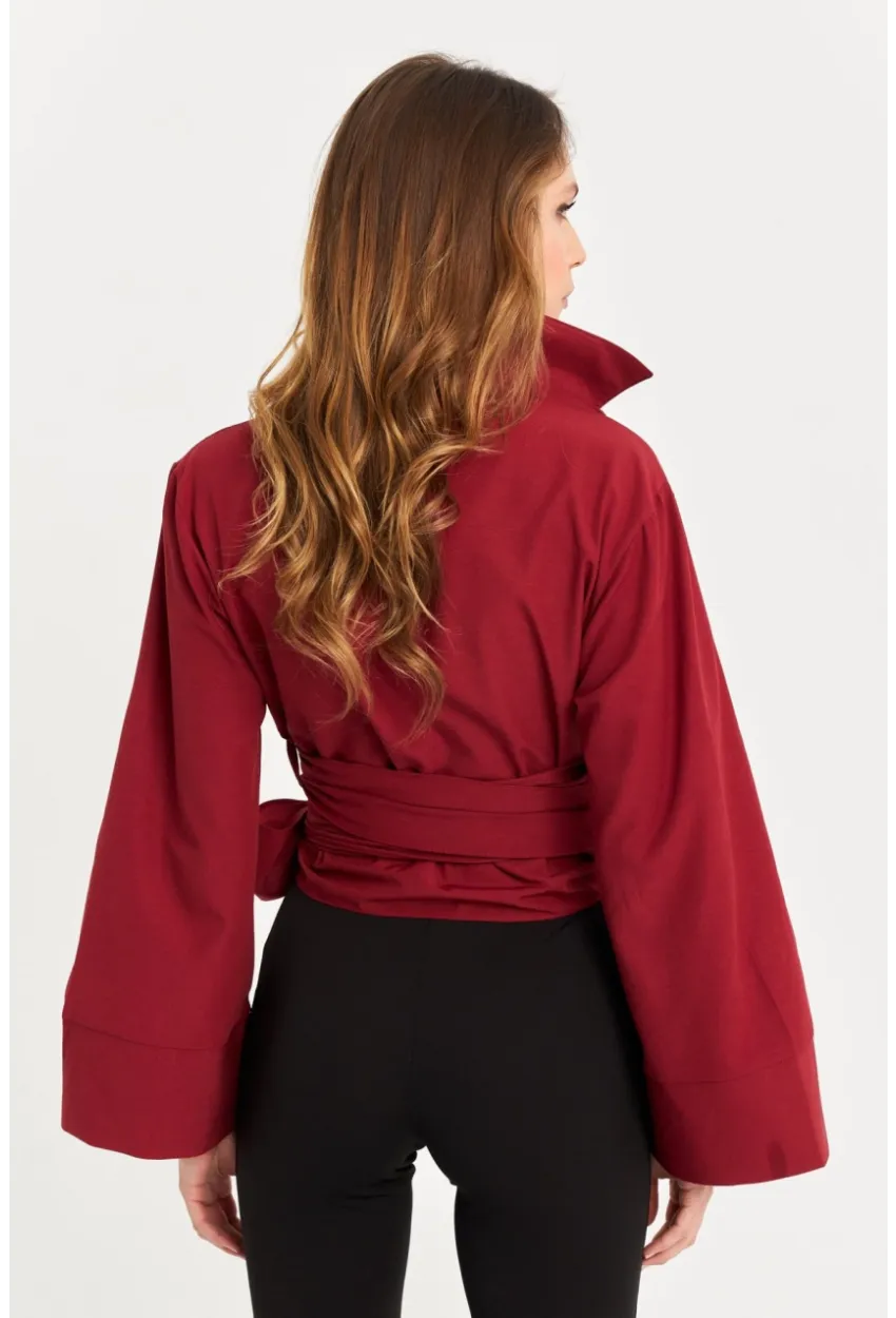 Kadın Bordo Önü Bağlamalı İspanyol Kol Gömlek MON142