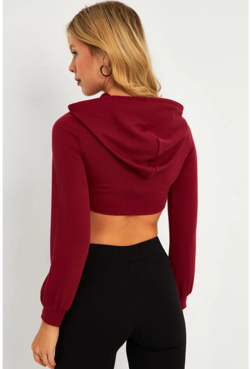 Kadın Bordo Pencereli Kapüşonlu Crop Bluz TF08