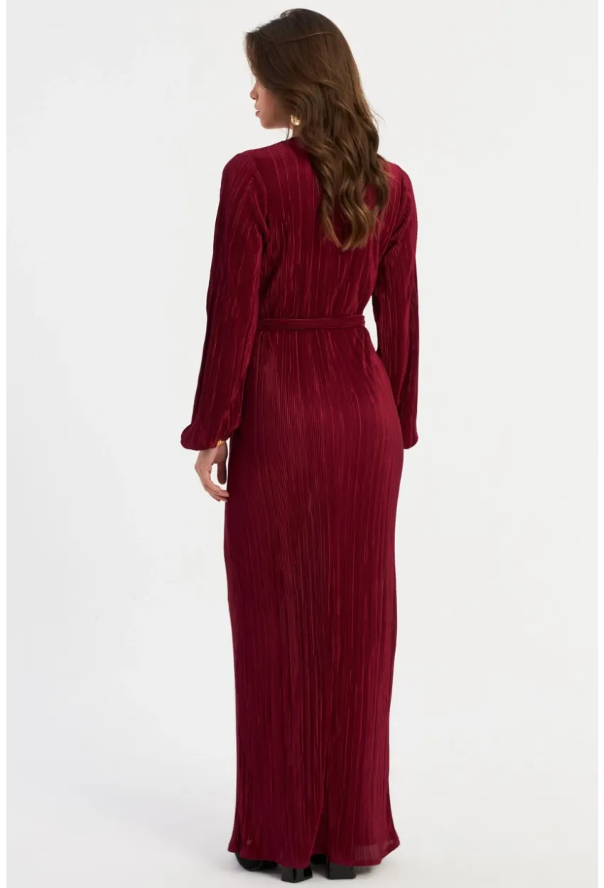 Kadın Bordo Pilise Maxi Elbise MGÇ192