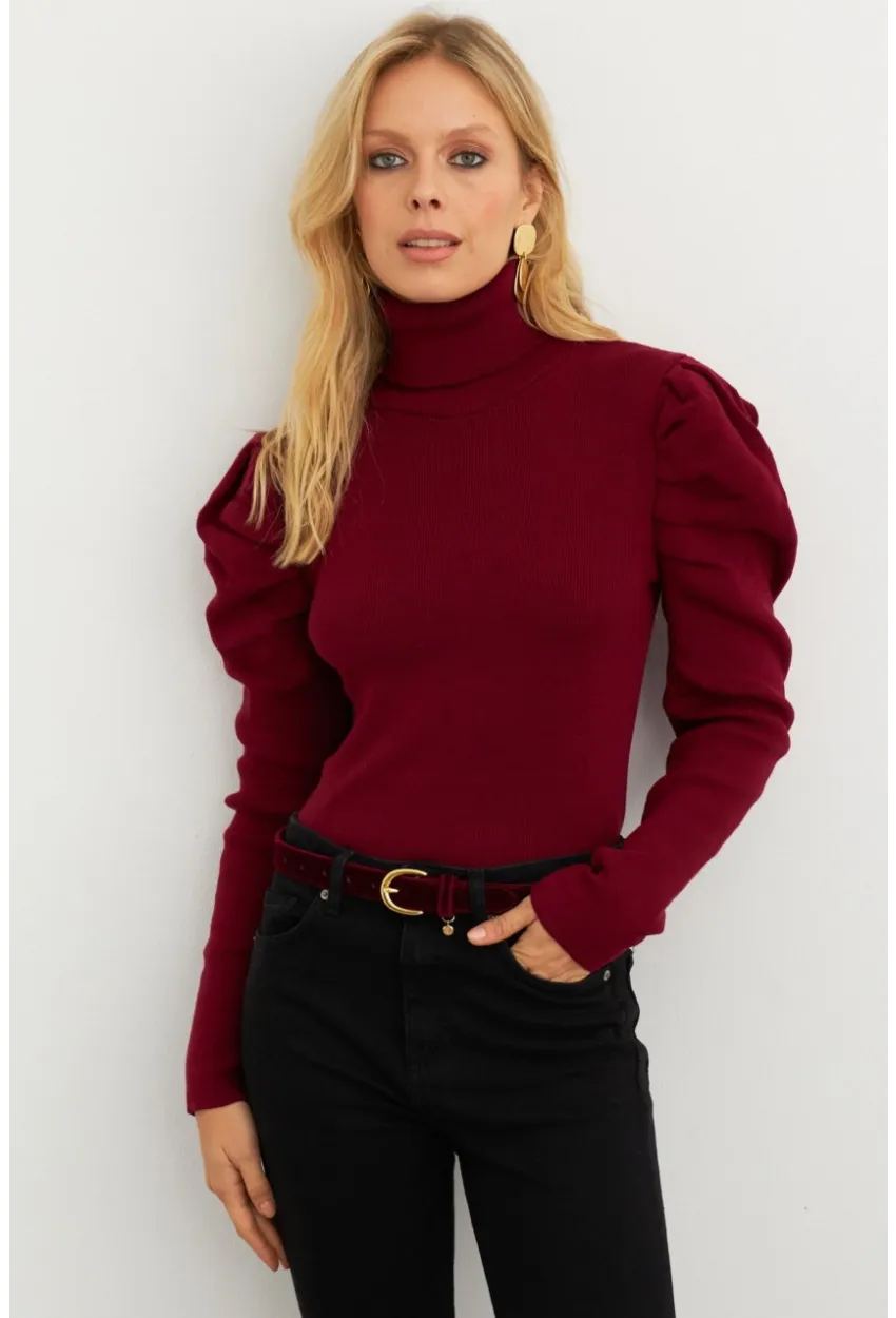 Kadın Bordo Prenses Kol Balıkçı Yaka Triko Bluz SF2555