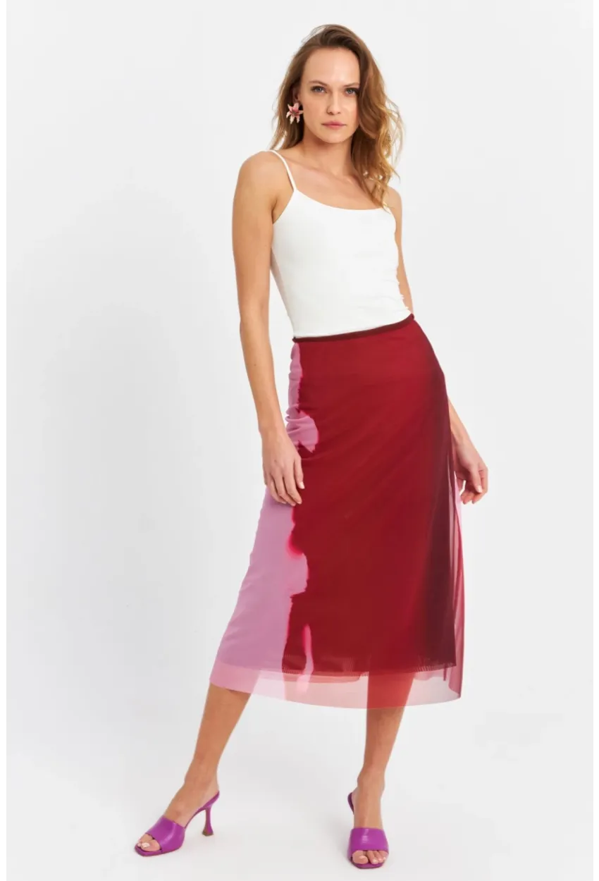 Kadın Bordo-Pudra Kontrast Renkli Tül Etek ZH11