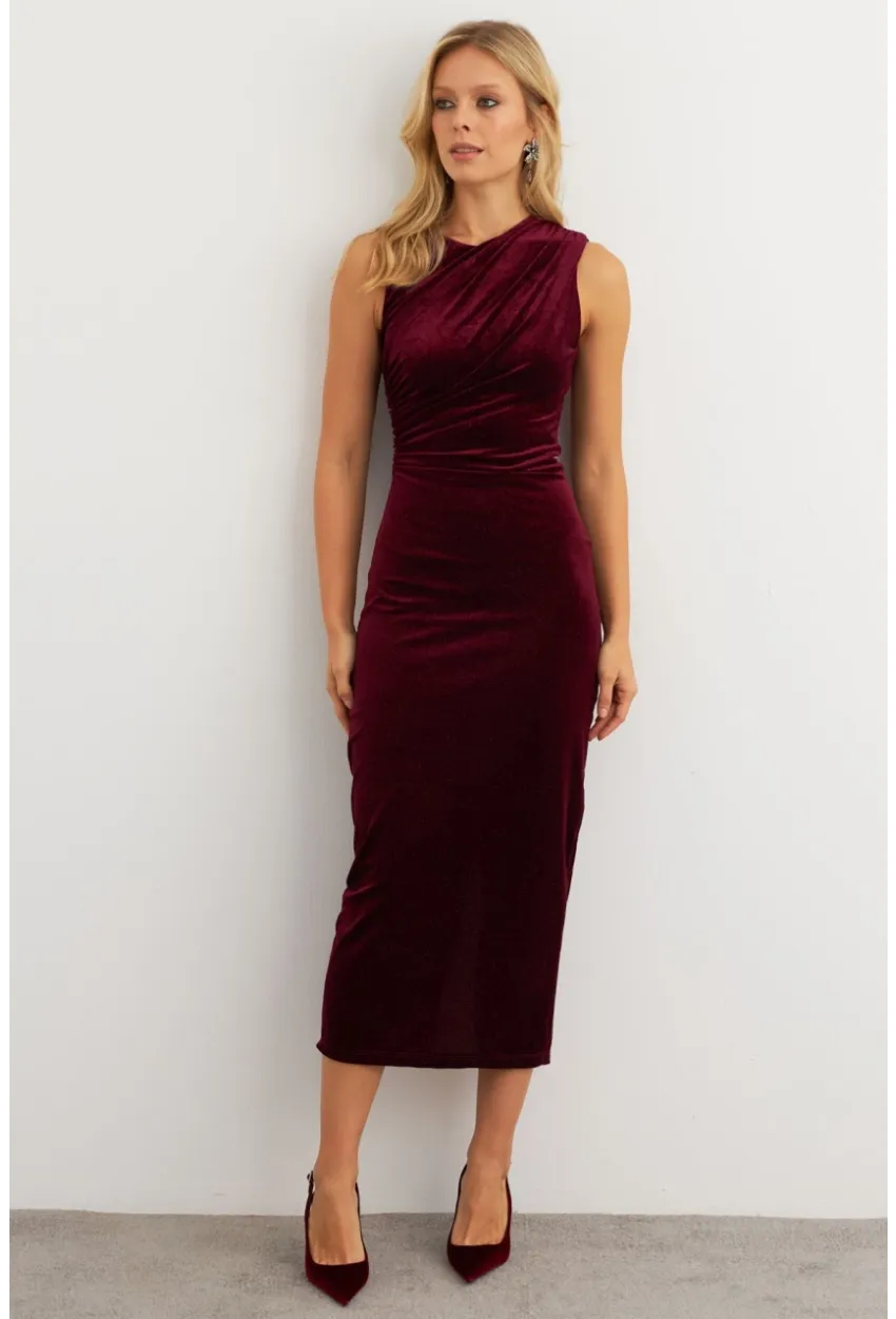 Kadın Bordo Simli Drapeli Maxi Elbise KED4481