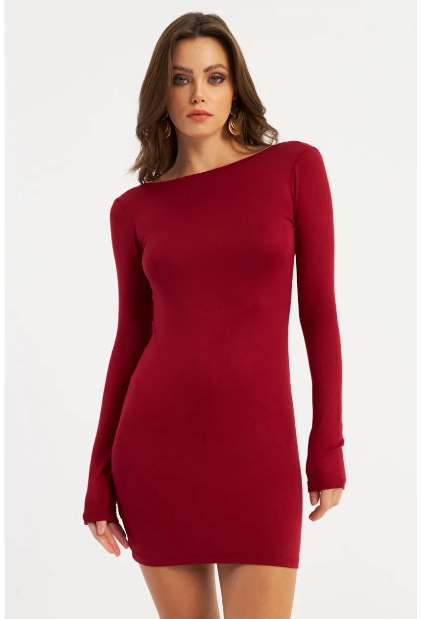 Kadın Bordo Sırt Dekolteli Mini Elbise HOR36
