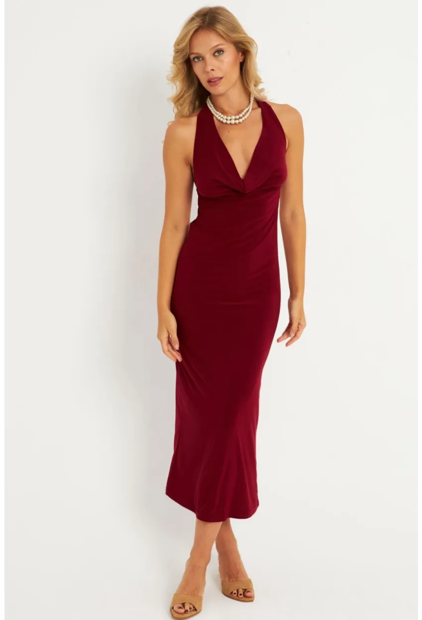 Kadın Bordo Sırtı Açık Degaje Midi Yılbaşı Elbise GÇ177