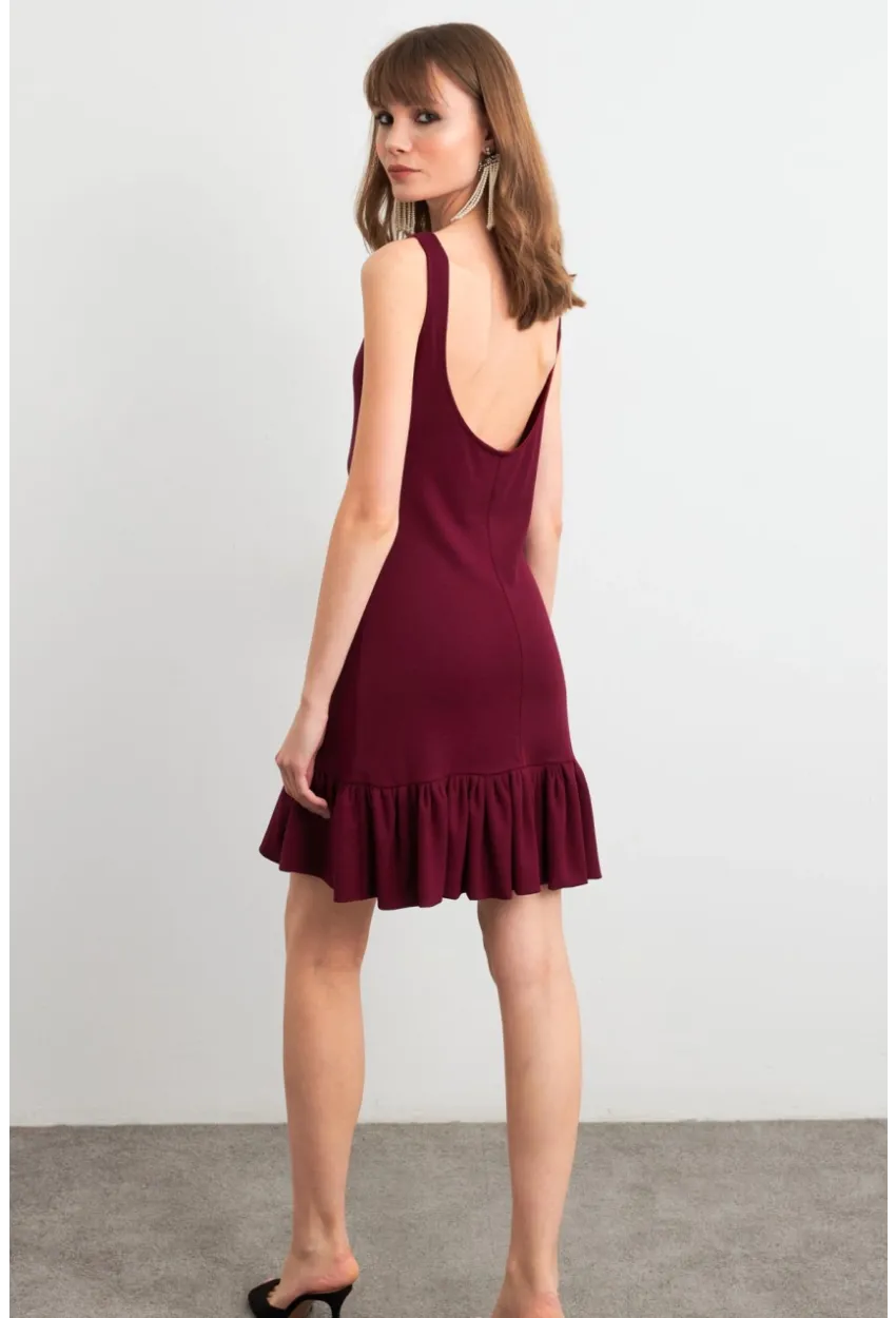 Kadın Bordo Sırtı Açık Mini Elbise HOR0050