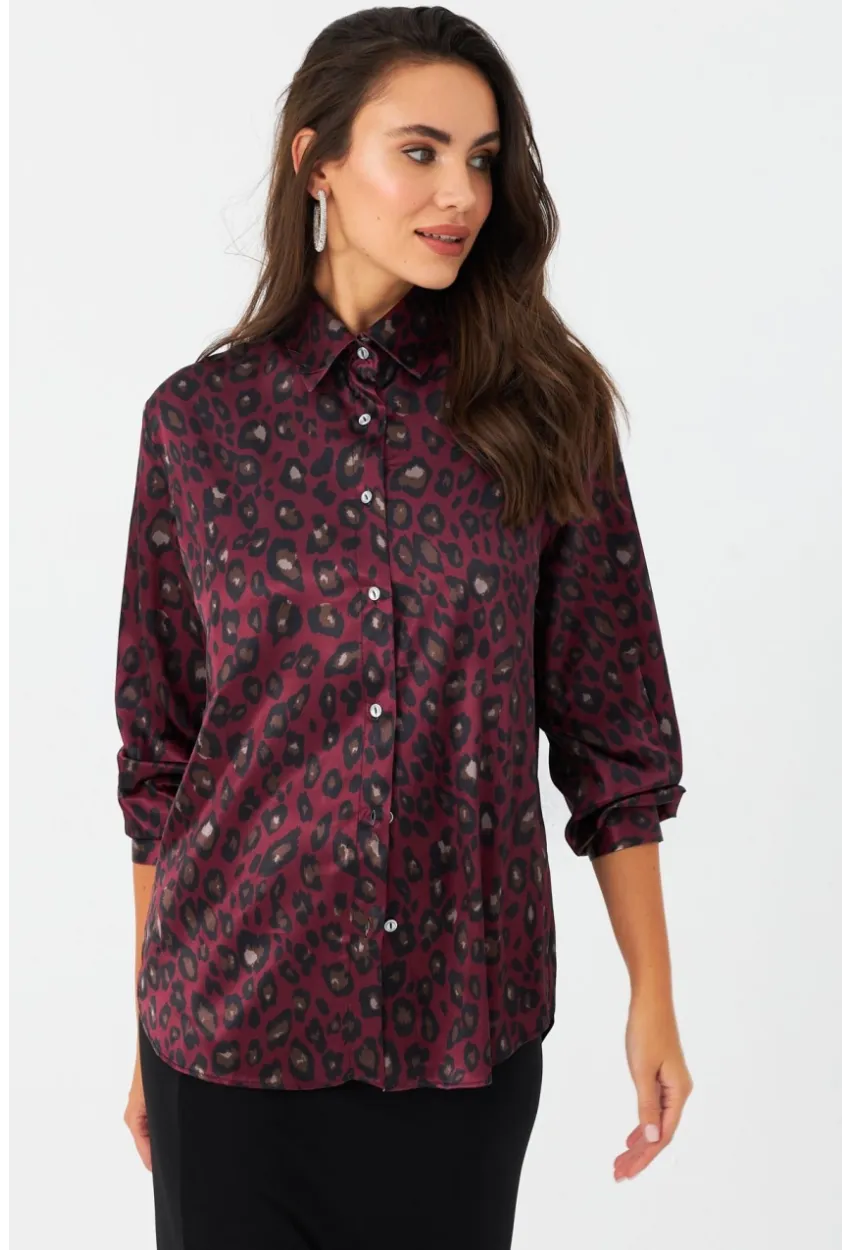 Kadın Bordo-Siyah Leopar Desenli Saten Gömlek MRAD5901-1