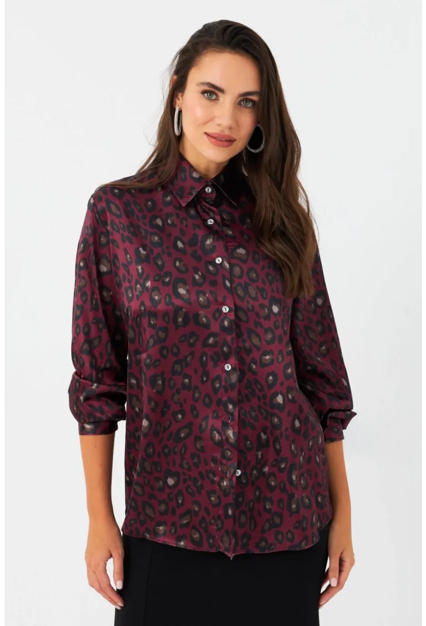 Kadın Bordo-Siyah Leopar Desenli Saten Gömlek MRAD5901-1
