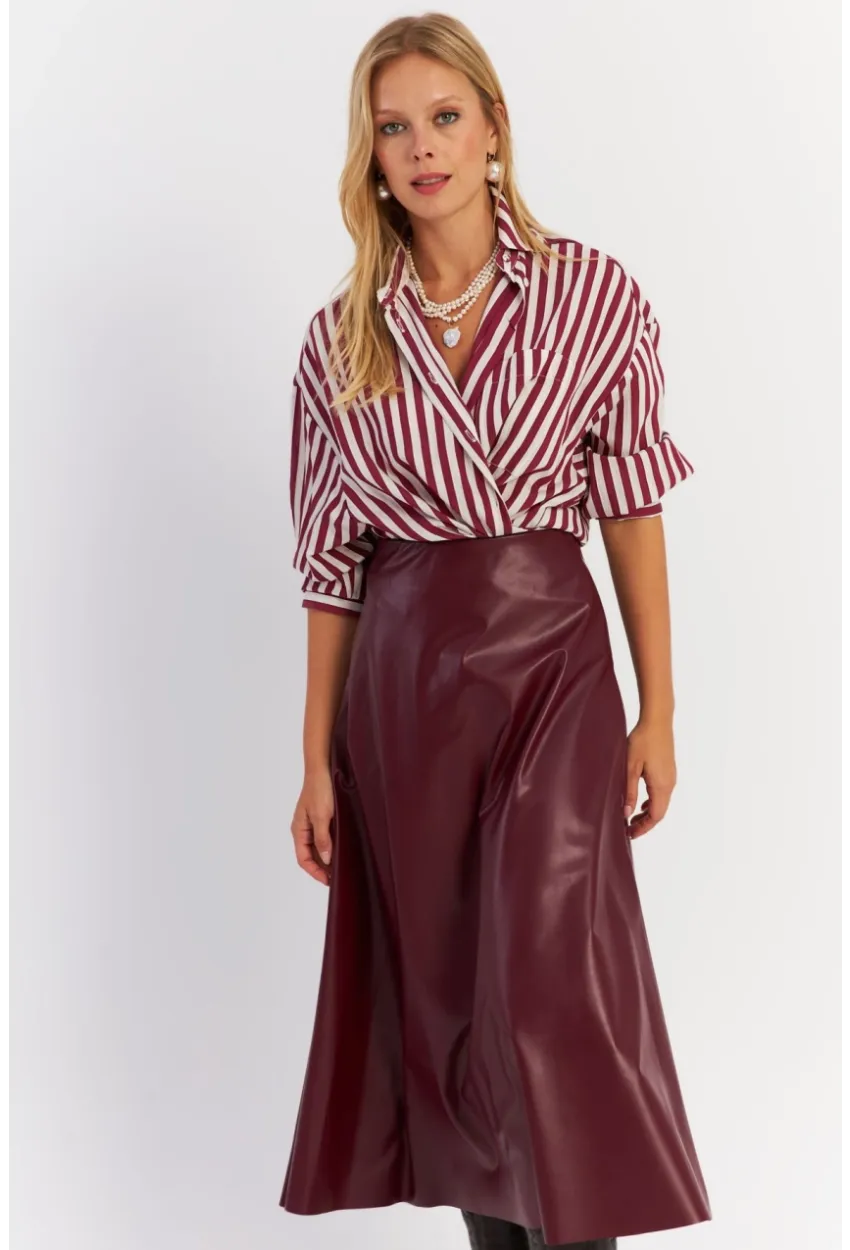 Kadın Bordo Suni Deri Çan Etek ELA113