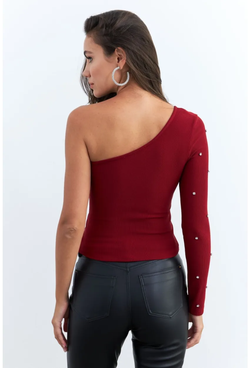 Kadın Bordo Taşlı Tek Kol Crop Bluz HOL2