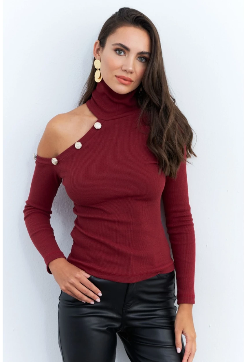 Kadın Bordo Tek Omuz Açık Kaşkorse Balıkçı Bluz EY2947