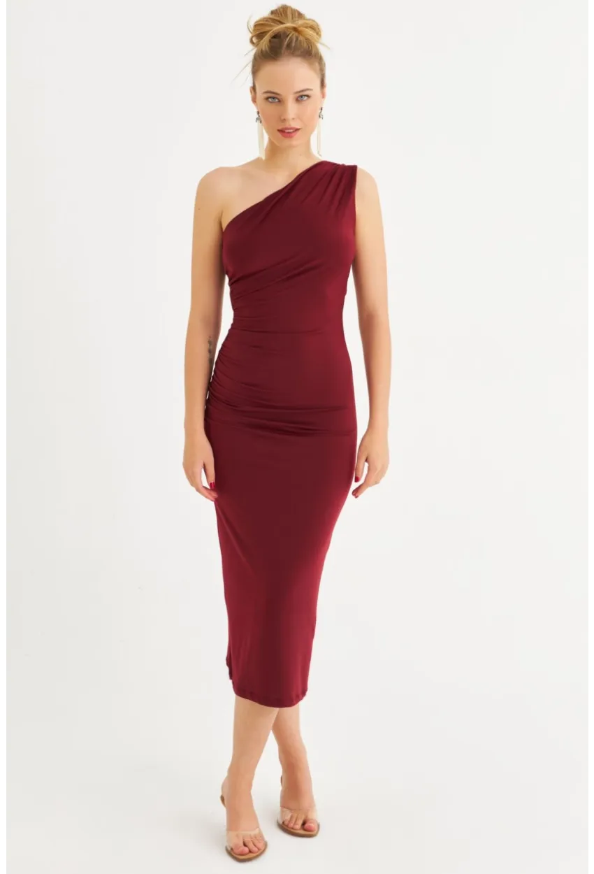 Kadın Bordo Tek Omuz Büzgülü Midi Elbise DMR294-90