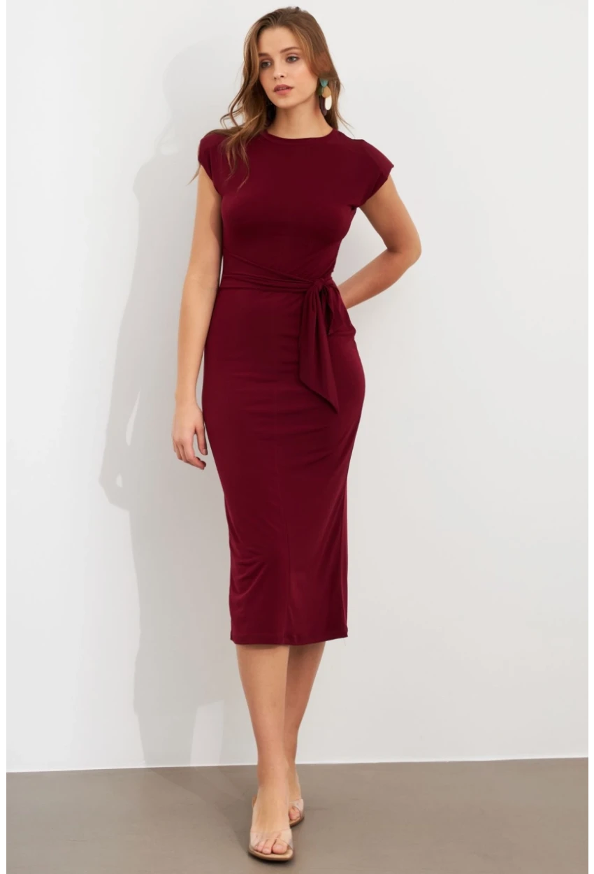 Kadın Bordo Vatkalı Kuşaklı Midi Elbise UG713