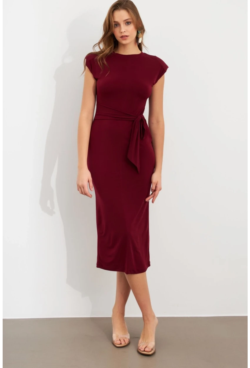 Kadın Bordo Vatkalı Kuşaklı Midi Elbise UG713