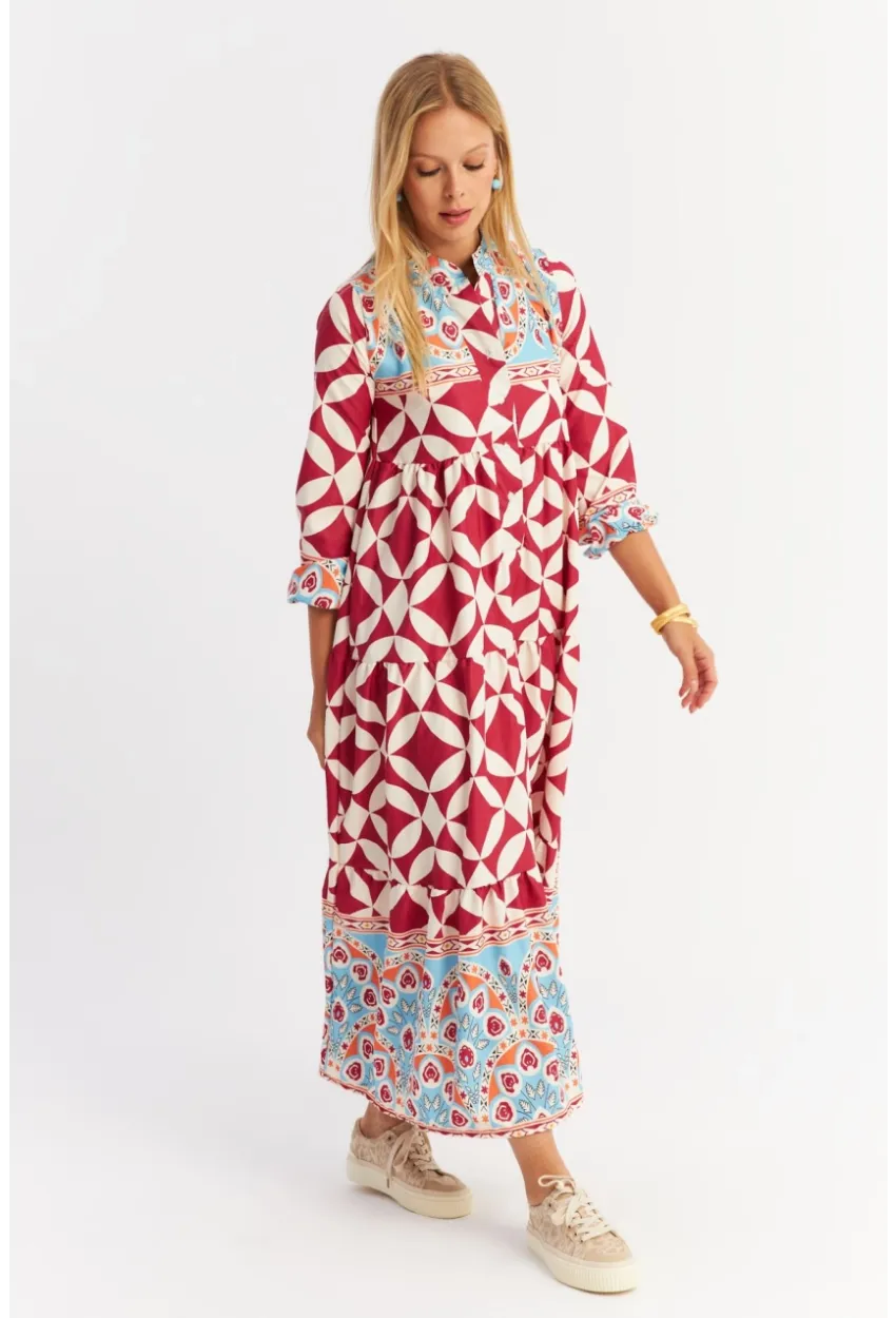 Kadın Bordo Volanlı Desenli Maxi Elbise MYLE14