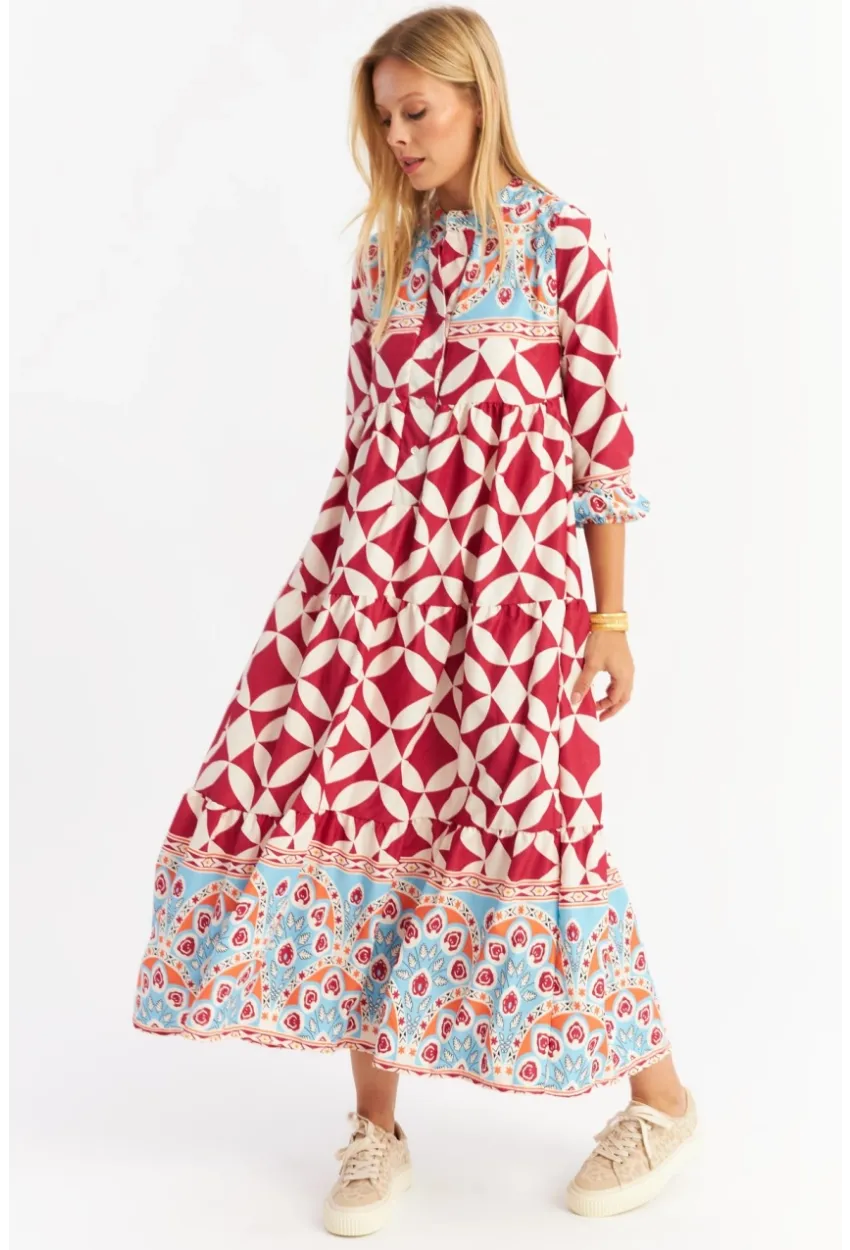 Kadın Bordo Volanlı Desenli Maxi Elbise MYLE14