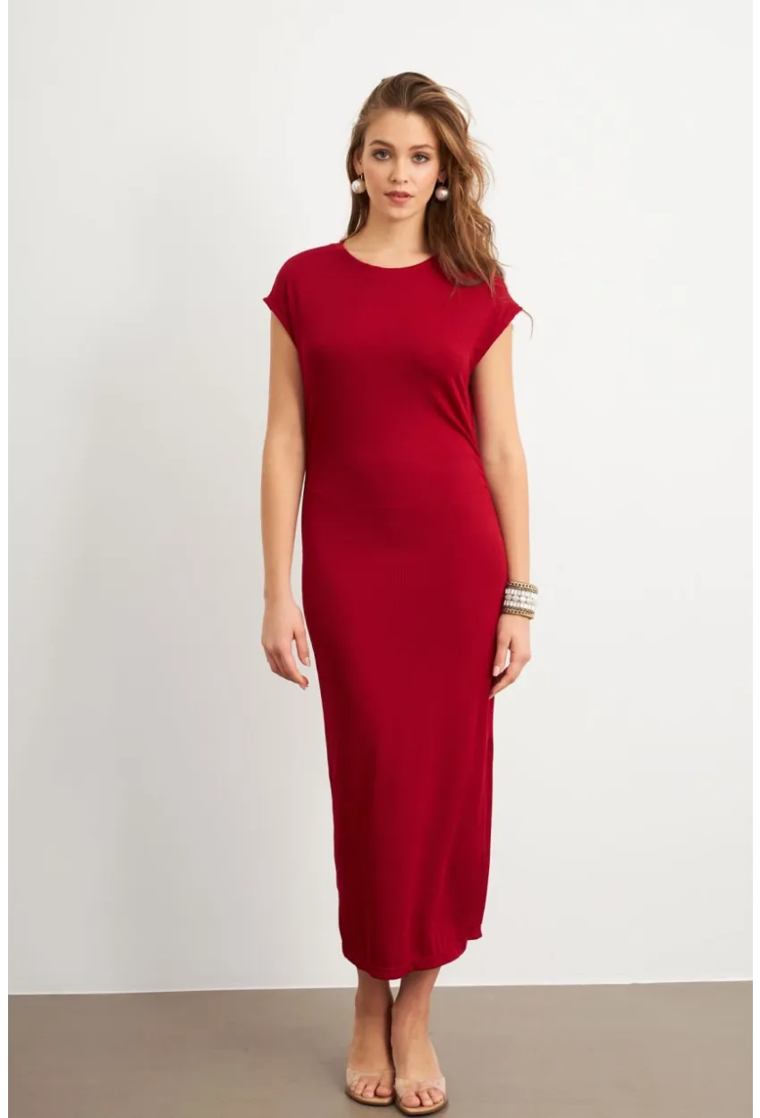 Kadın Bordo Yanları Büzgülü Midi Elbise MK35