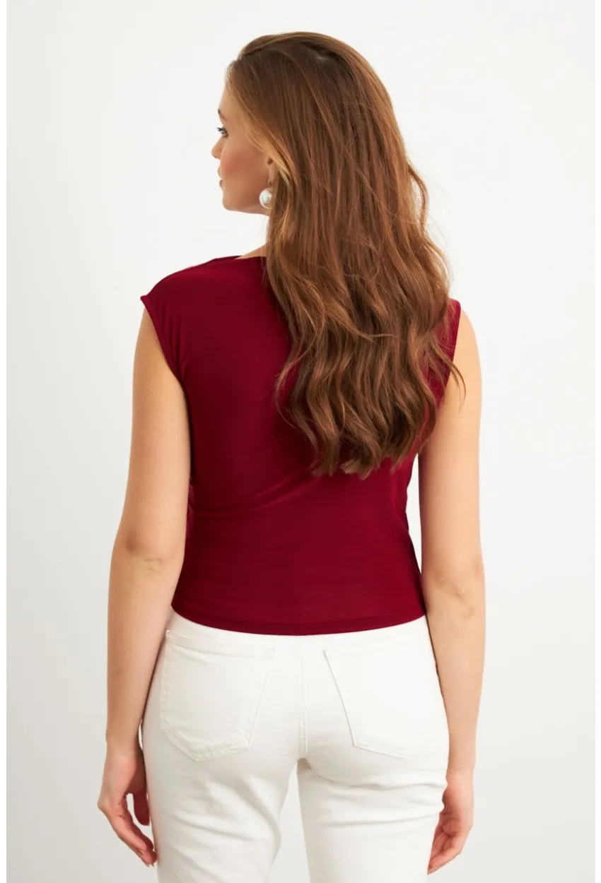 Kadın Bordo Yarım Balıkçı Desenli Bluz LPP1205