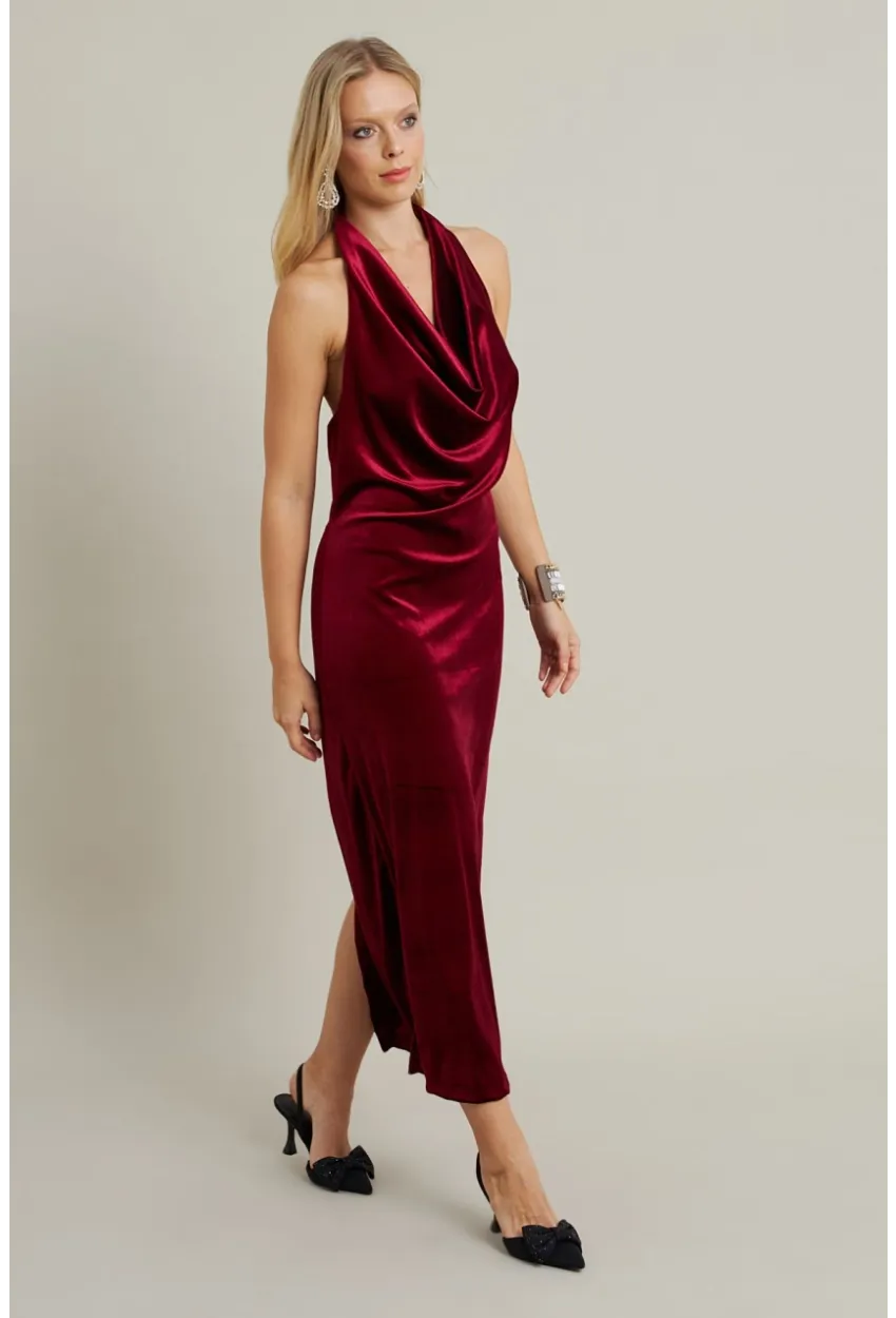 Kadın Bordo Yılbaşı Degaje Yaka Uzun Elbise GÇ197
