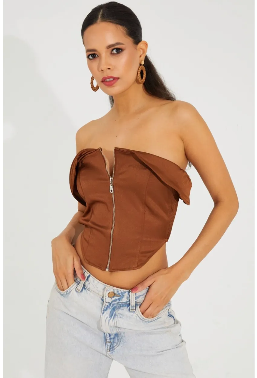 Kadın Bronz Fermuarlı Straplez Crop Bluz SF2502