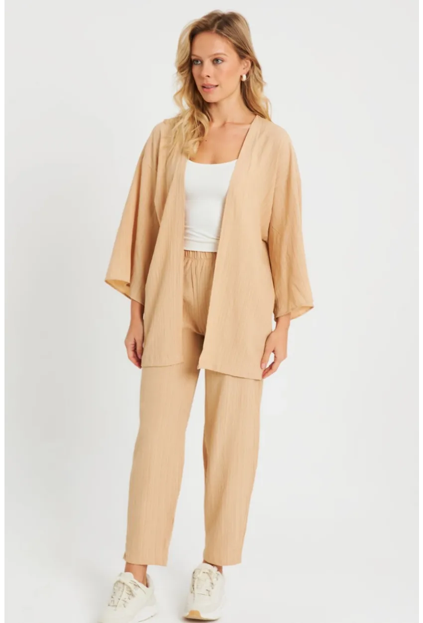 Kadın Bürümcük Kimono Takım Camel Q983