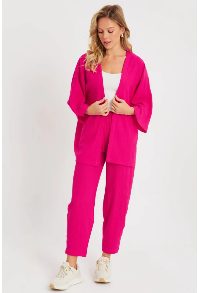 Kadın Bürümcük Kimono Takım Fuşya Q983