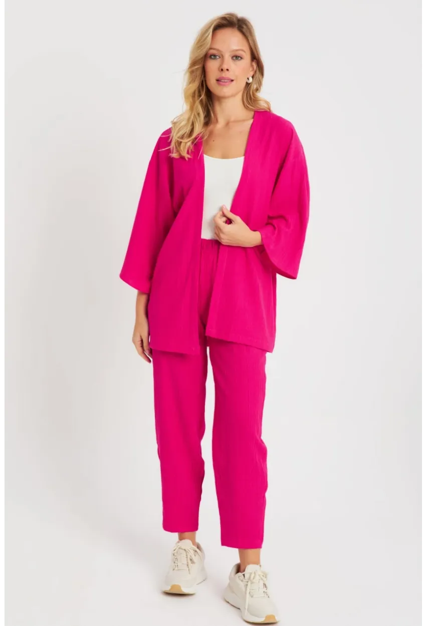 Kadın Bürümcük Kimono Takım Fuşya Q983