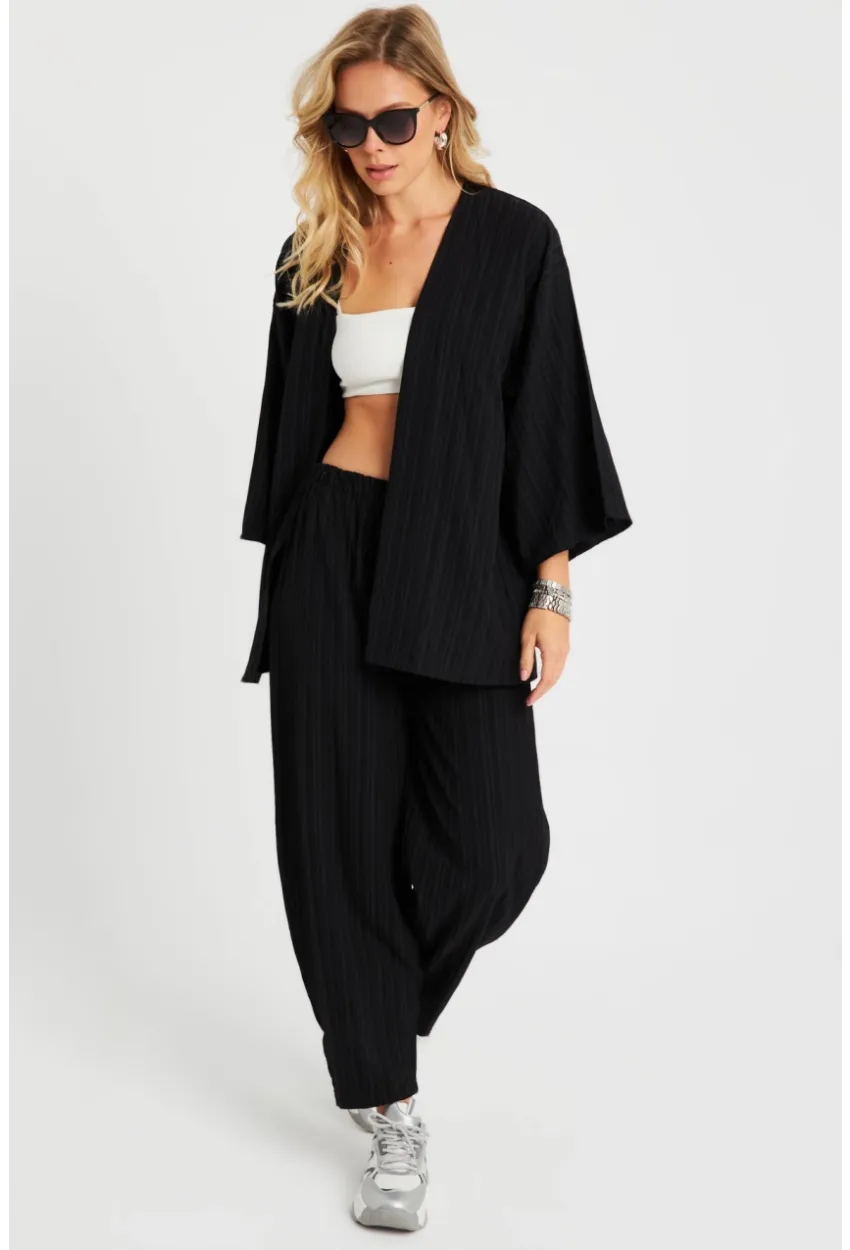 Kadın Bürümcük Kimono Takım Siyah Q983