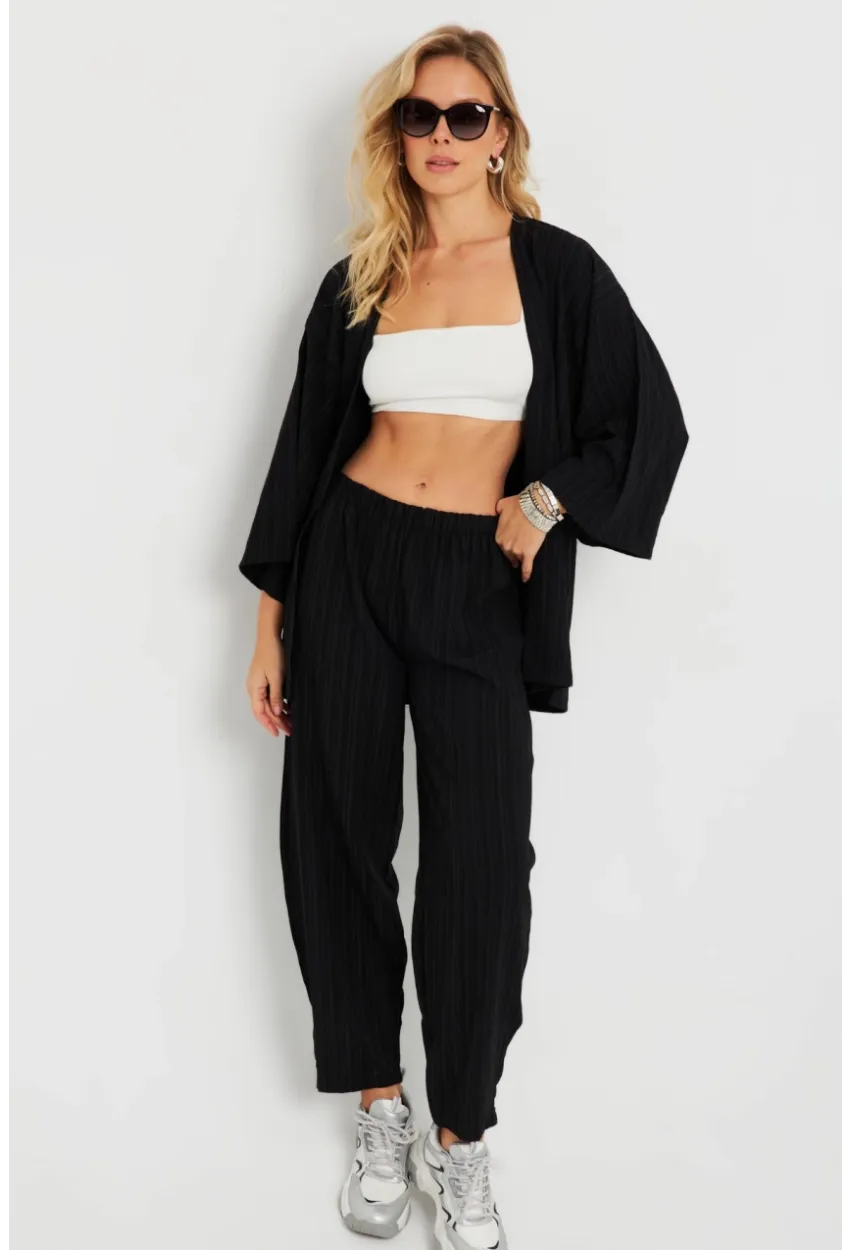 Kadın Bürümcük Kimono Takım Siyah Q983