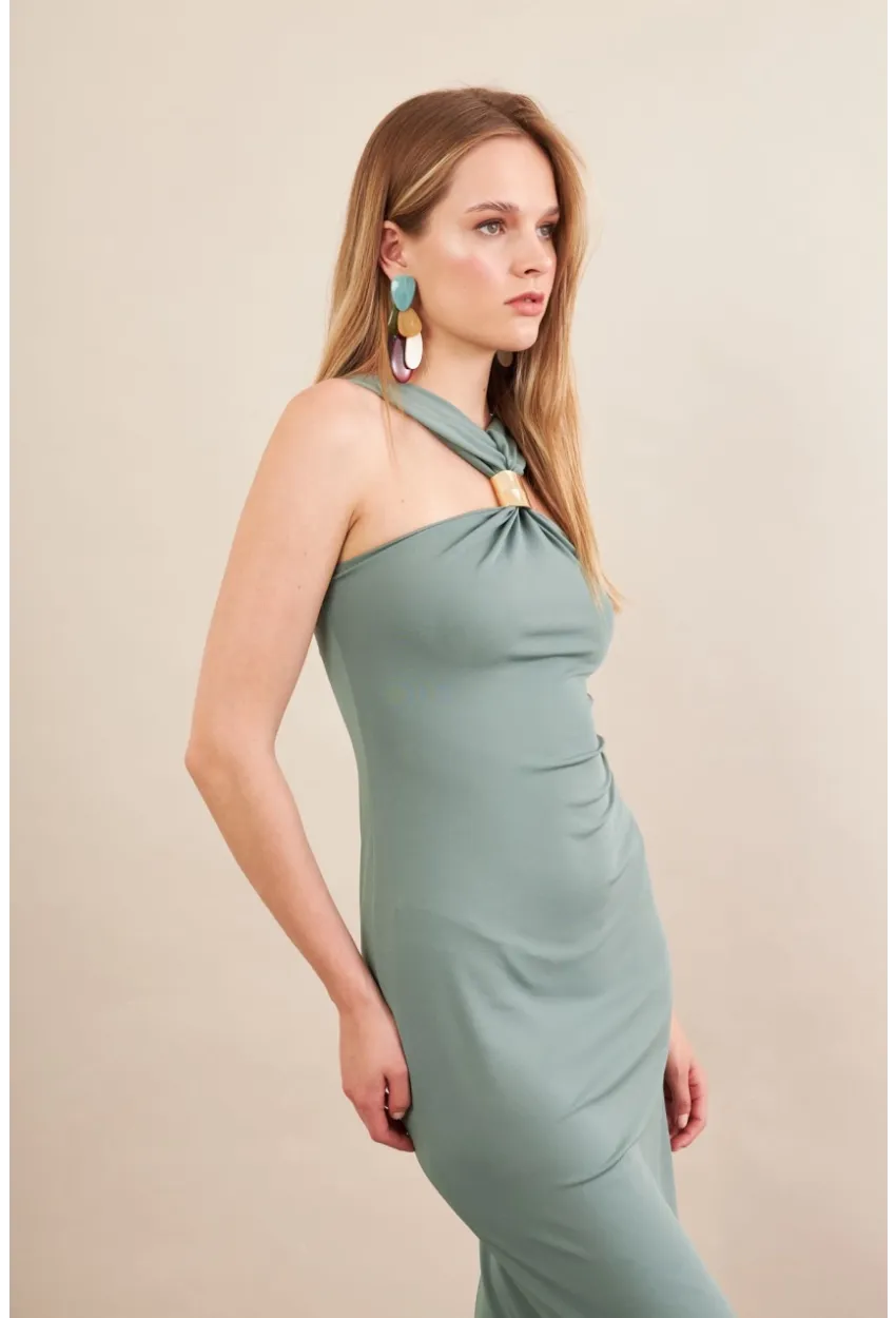 Kadın Çağla Yeşili Aksesuarlı Midi Elbise İRE101