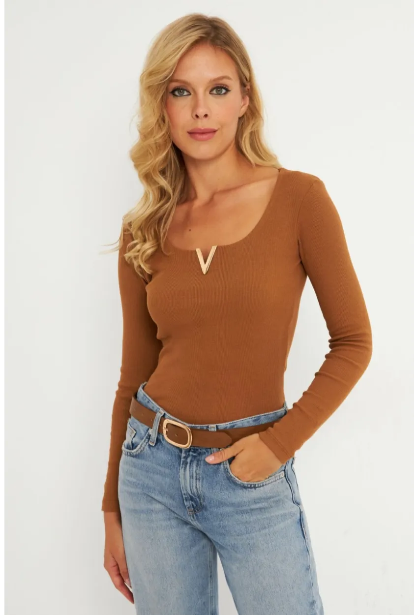 Kadın Camel Aksesuarlı Kaşkorse Bluz RLO17