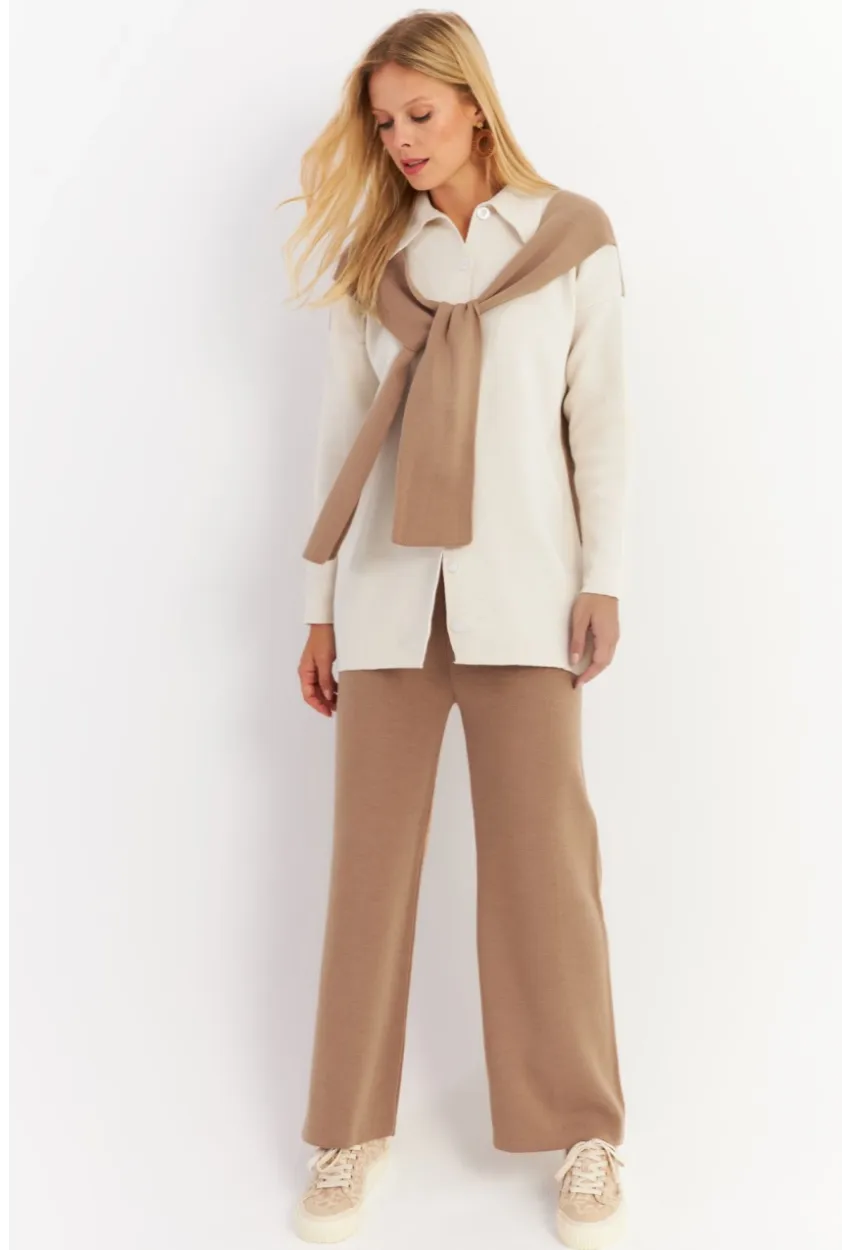 Kadın Camel Atkılı Triko Hırka Alt Üst Takım NUV20