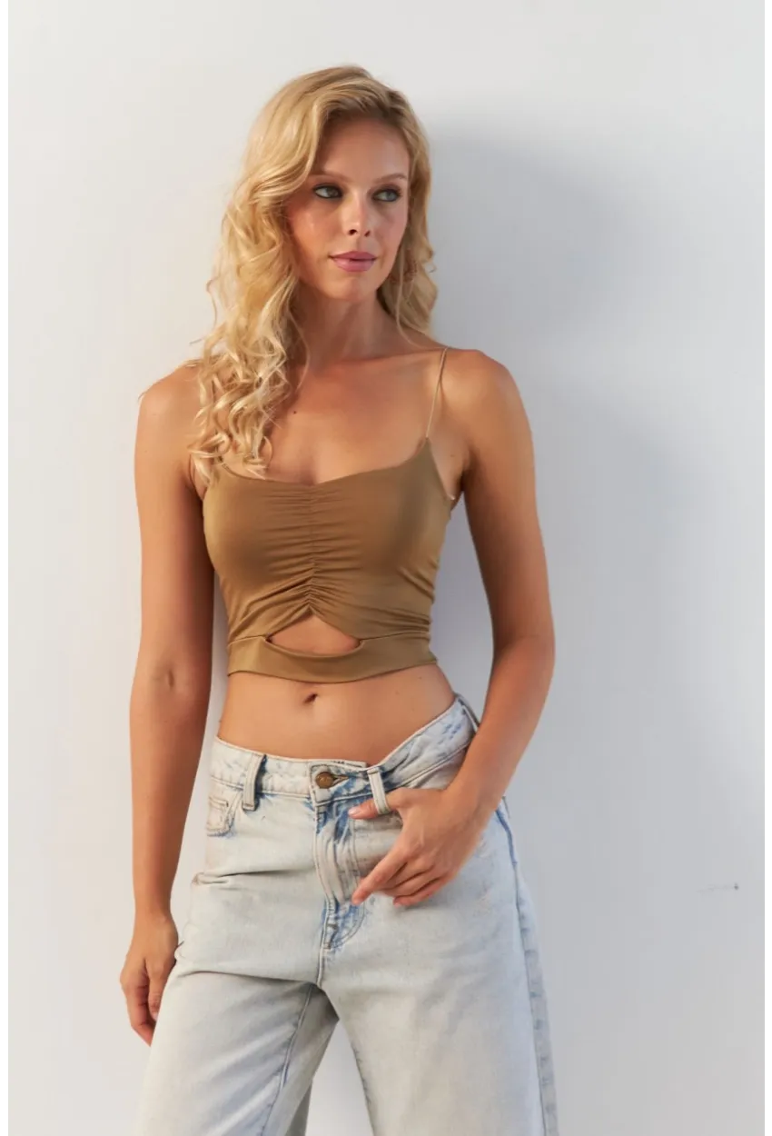 Kadın Camel Büzgülü Crop Bluz MSH125